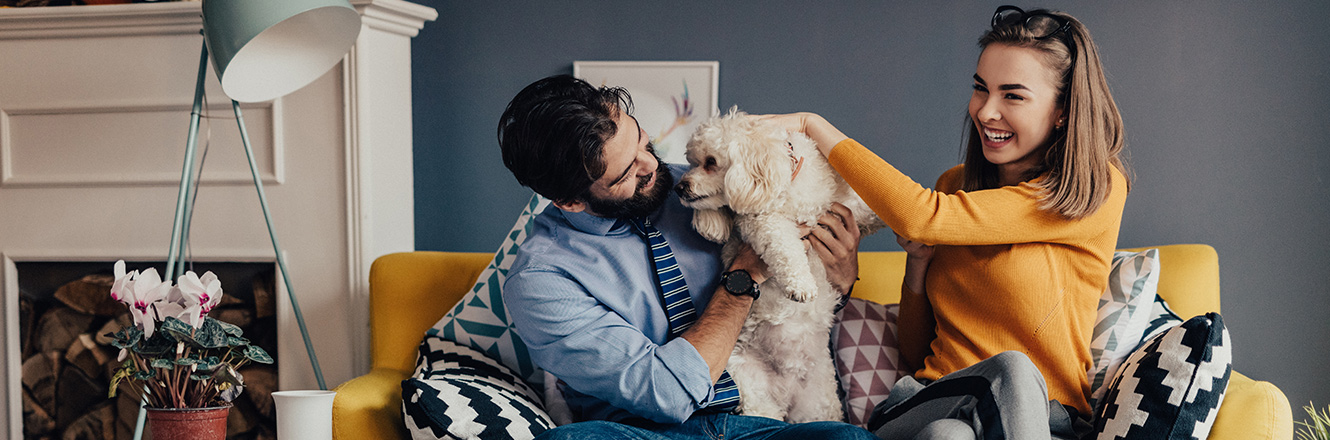 couple with dog sitting on couch